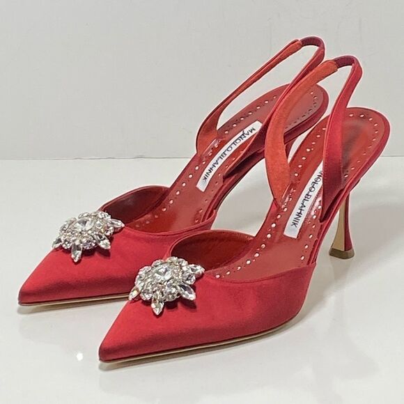 Manolo Blahnik Cassinasli Satin Jewel Buckle Slingback Pumps size 39 - Picture 1 of 12